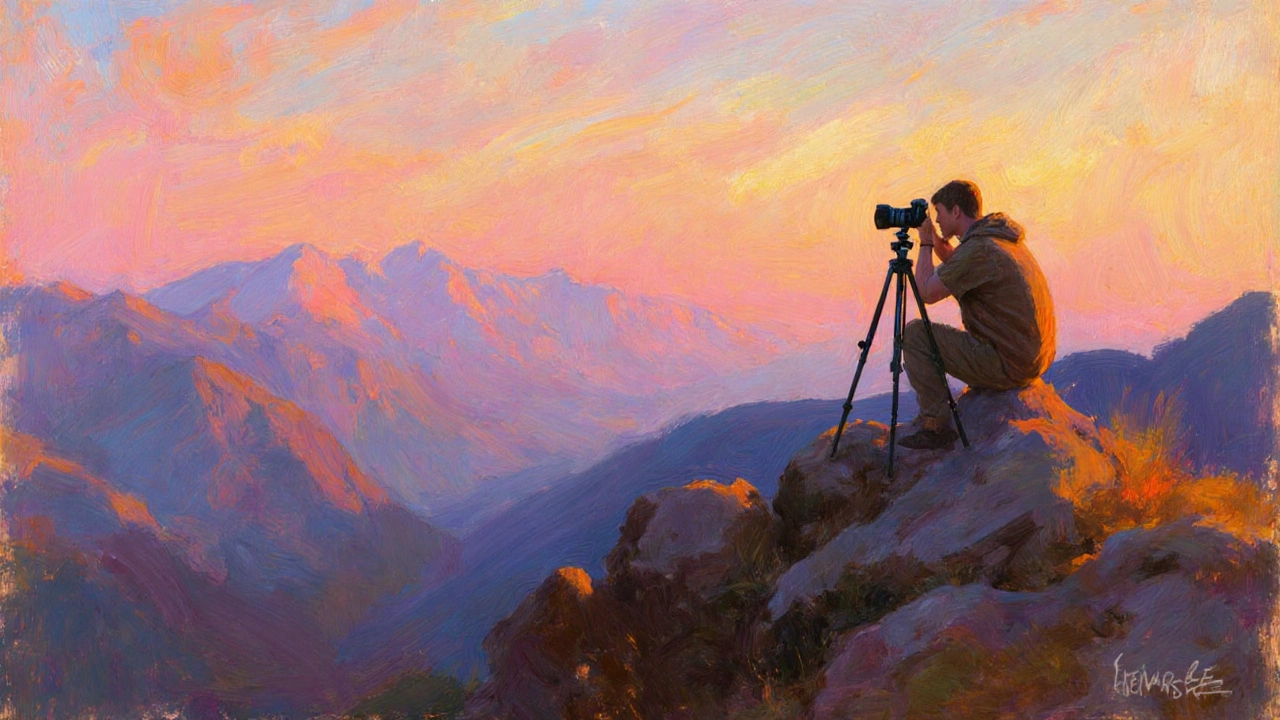 Фотограф на вершине горы в золотой час, снимает панорамный вид.