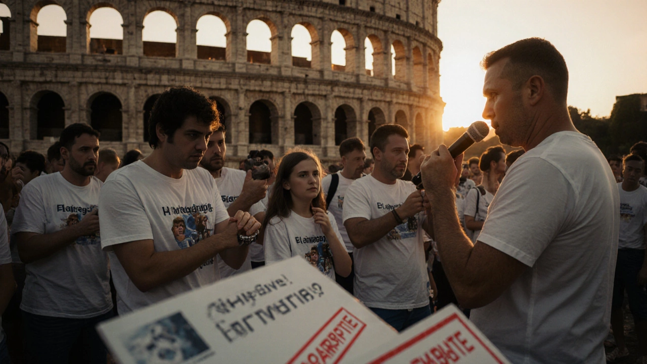 Группа туристов спешит мимо Колизея под руководством гида с микрофоном, все фотографируют на телефон.