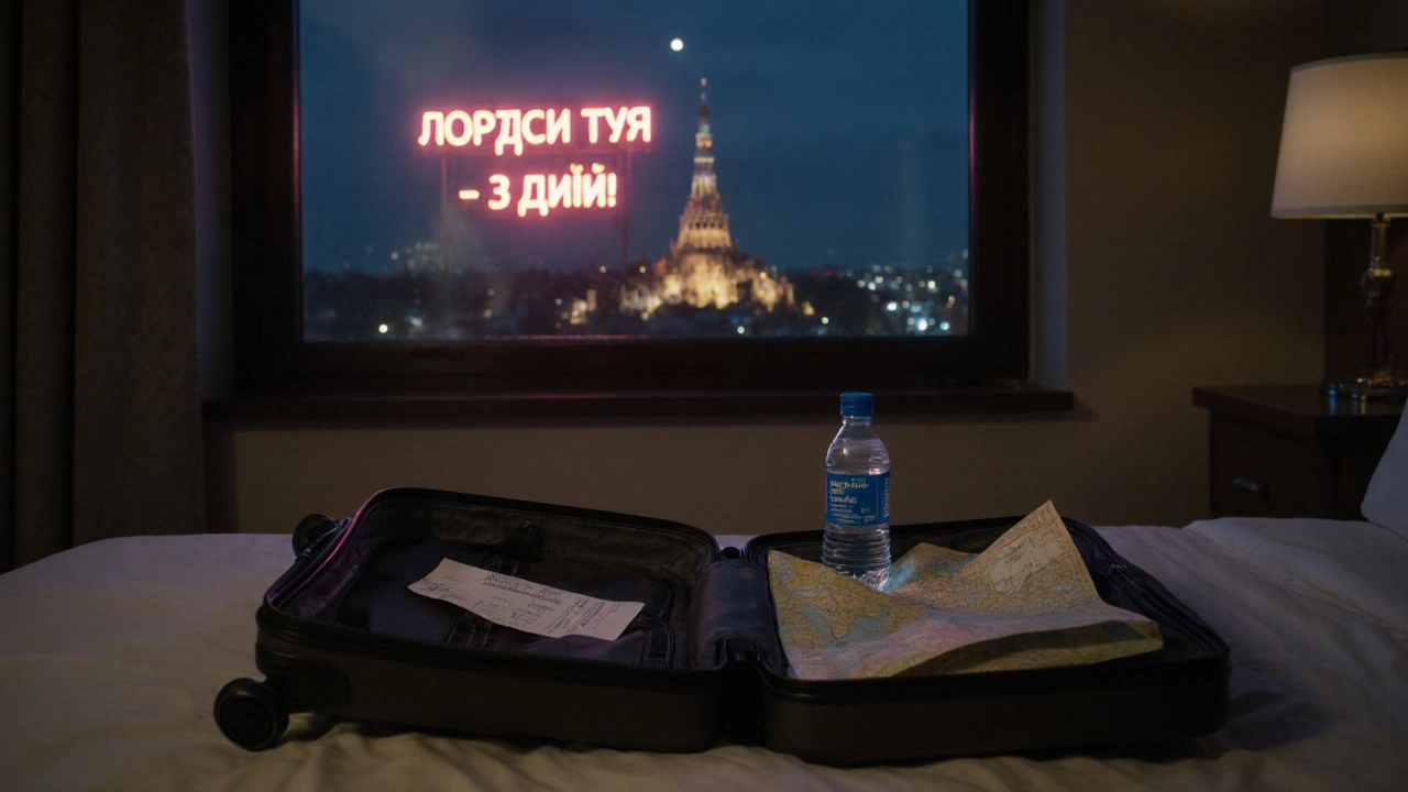 Открытый чемодан в номере гостиницы с картой, бутылкой воды и чеком за Wi-Fi, за окном — силуэт древнего памятника.