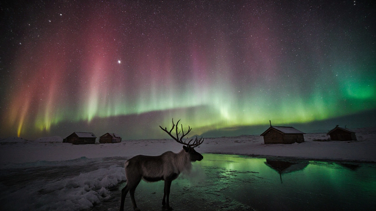 Северное сияние над тундрой на Кольском полуострове, олень и звёзды ночью.