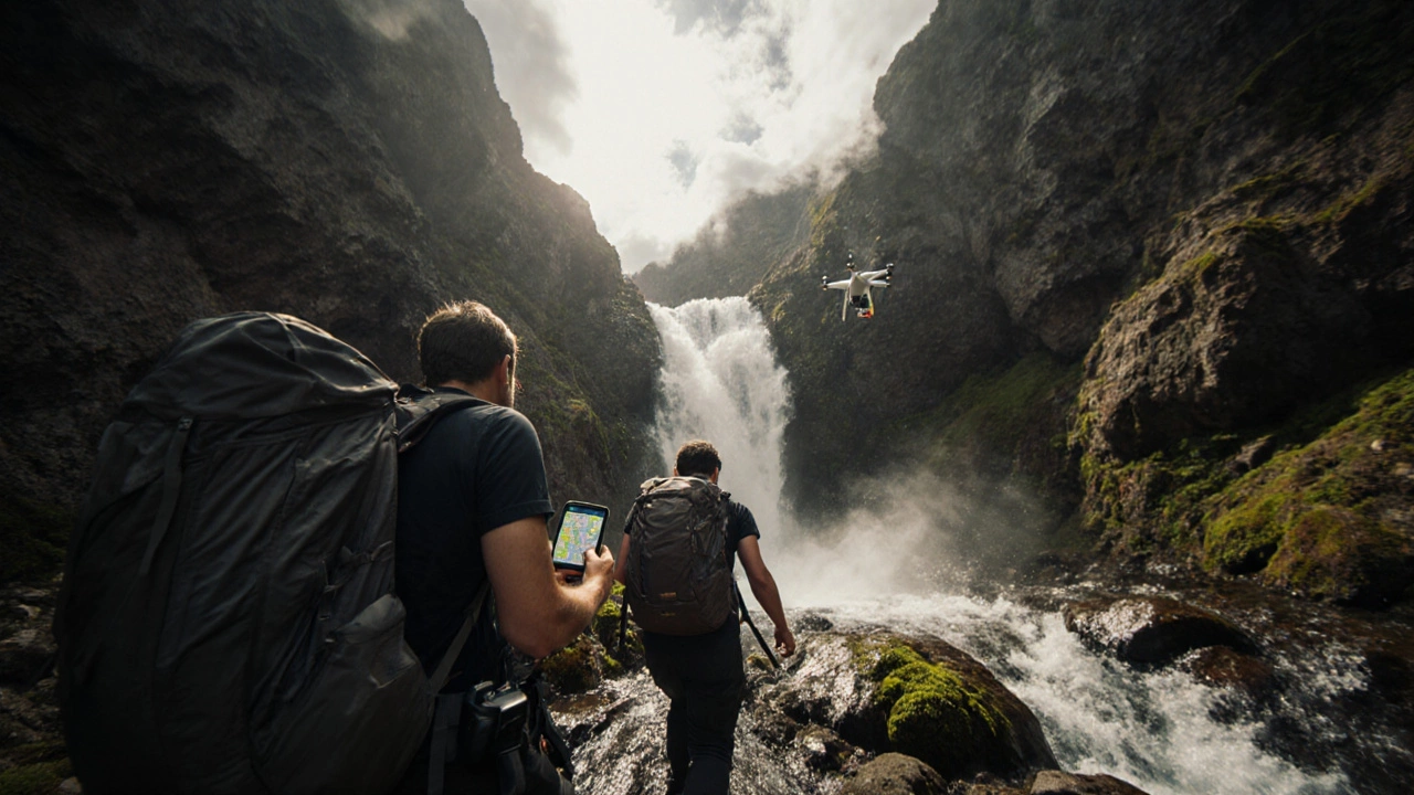 Туристы в ущелье с GPS, камерой и дроном, скрытый водопад позади.