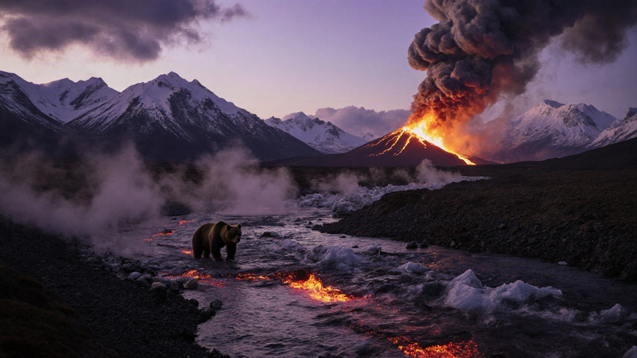 Вулкан на Камчатке извергается, медведь ловит лосося в реке под снегами.