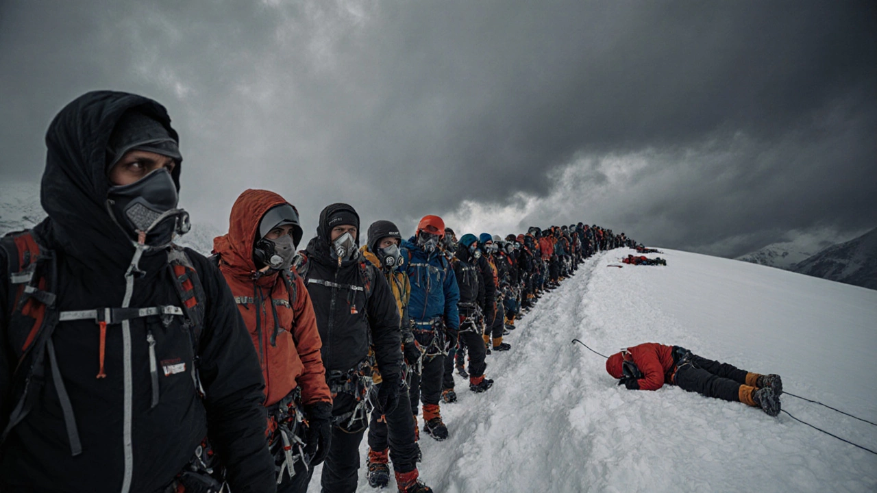 Альпинисты стоят в очереди на вершине Эвереста, рядом с телами погибших в снегу.