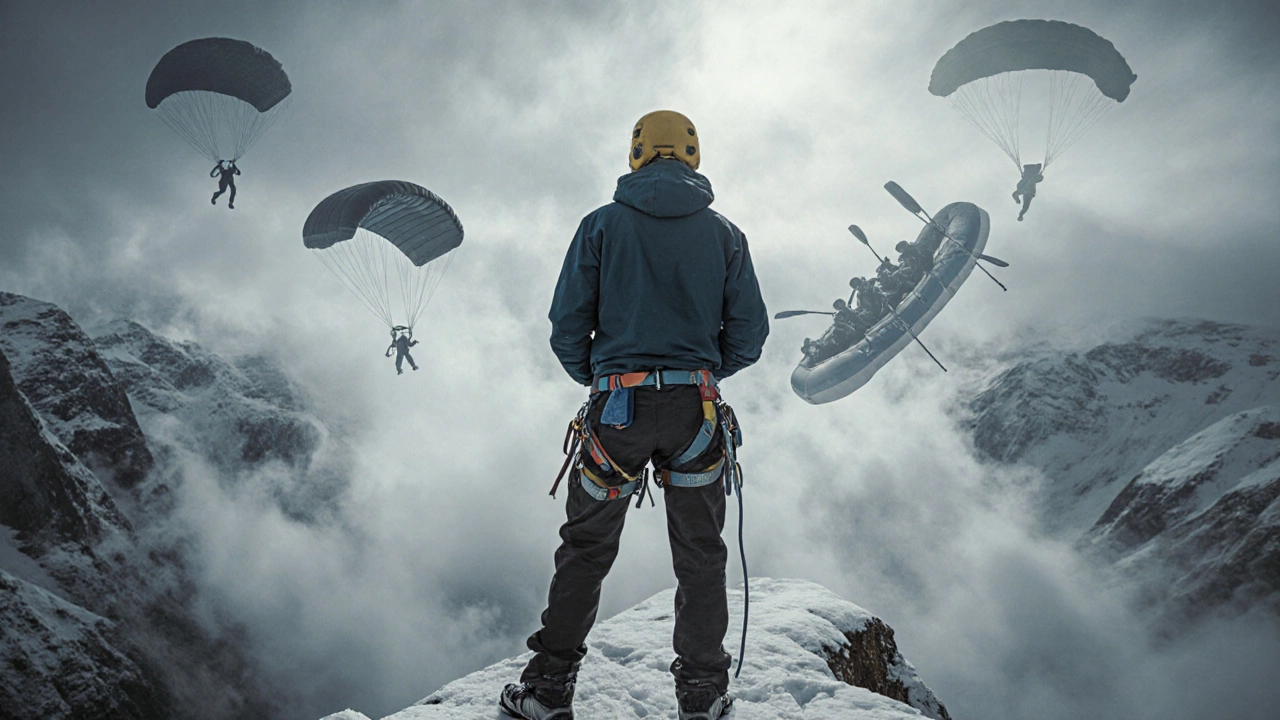 Человек на краю снежной скалы, за ним исчезающие силуэты экстремальных поступков.