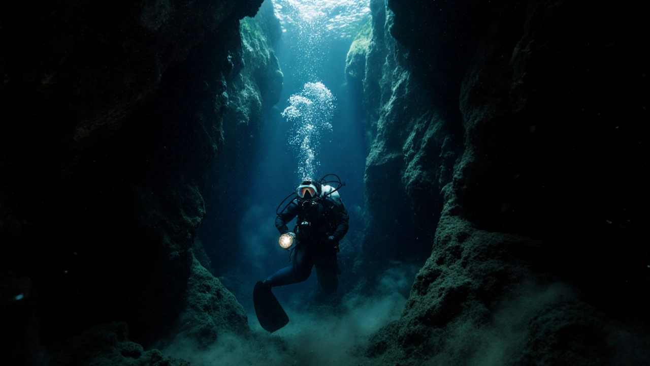 Дайвер плывет в темной пещере под Ай-Петри, луч света разрезает черную воду.