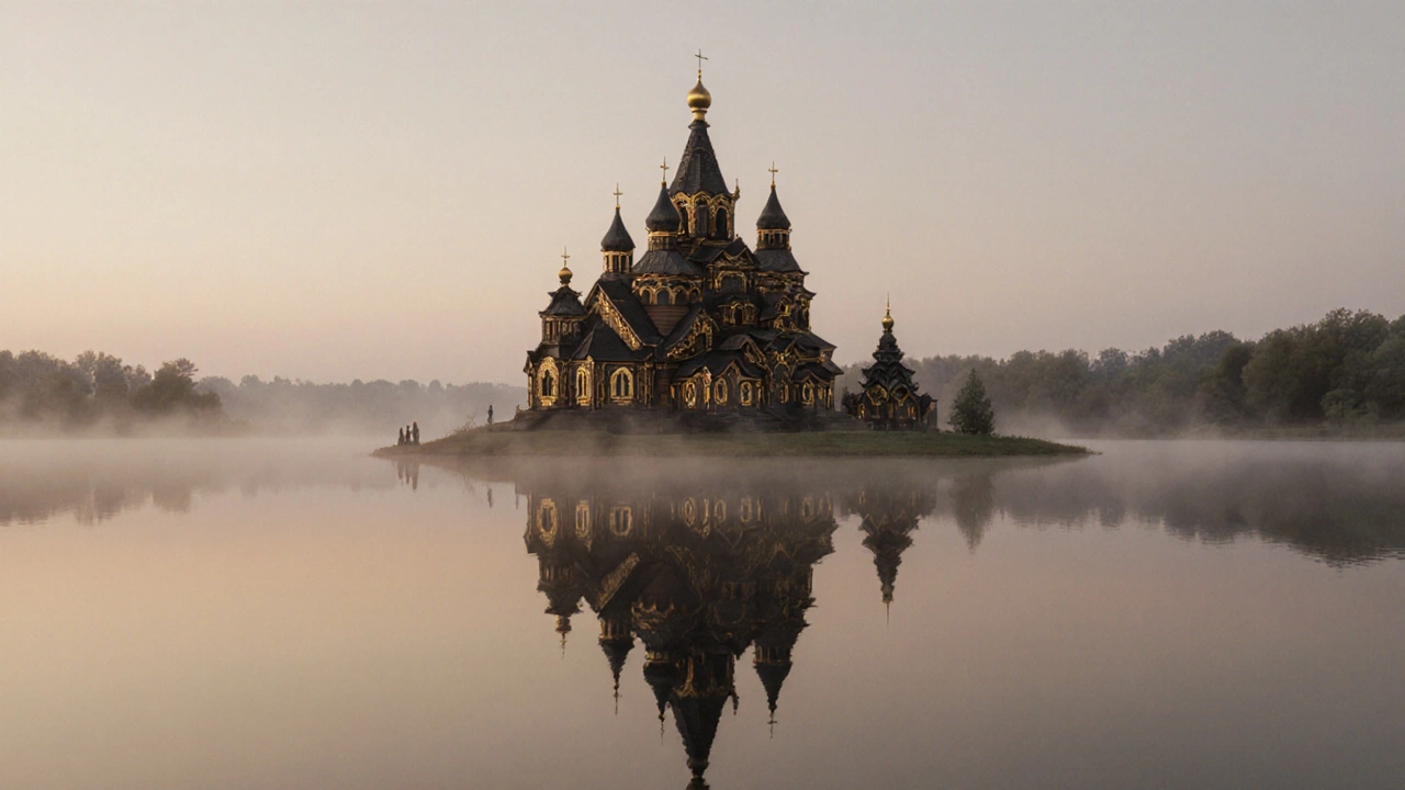 Деревянная церковь в Суздале отражается в спокойном озере при рассвете, туман поднимается над водой.