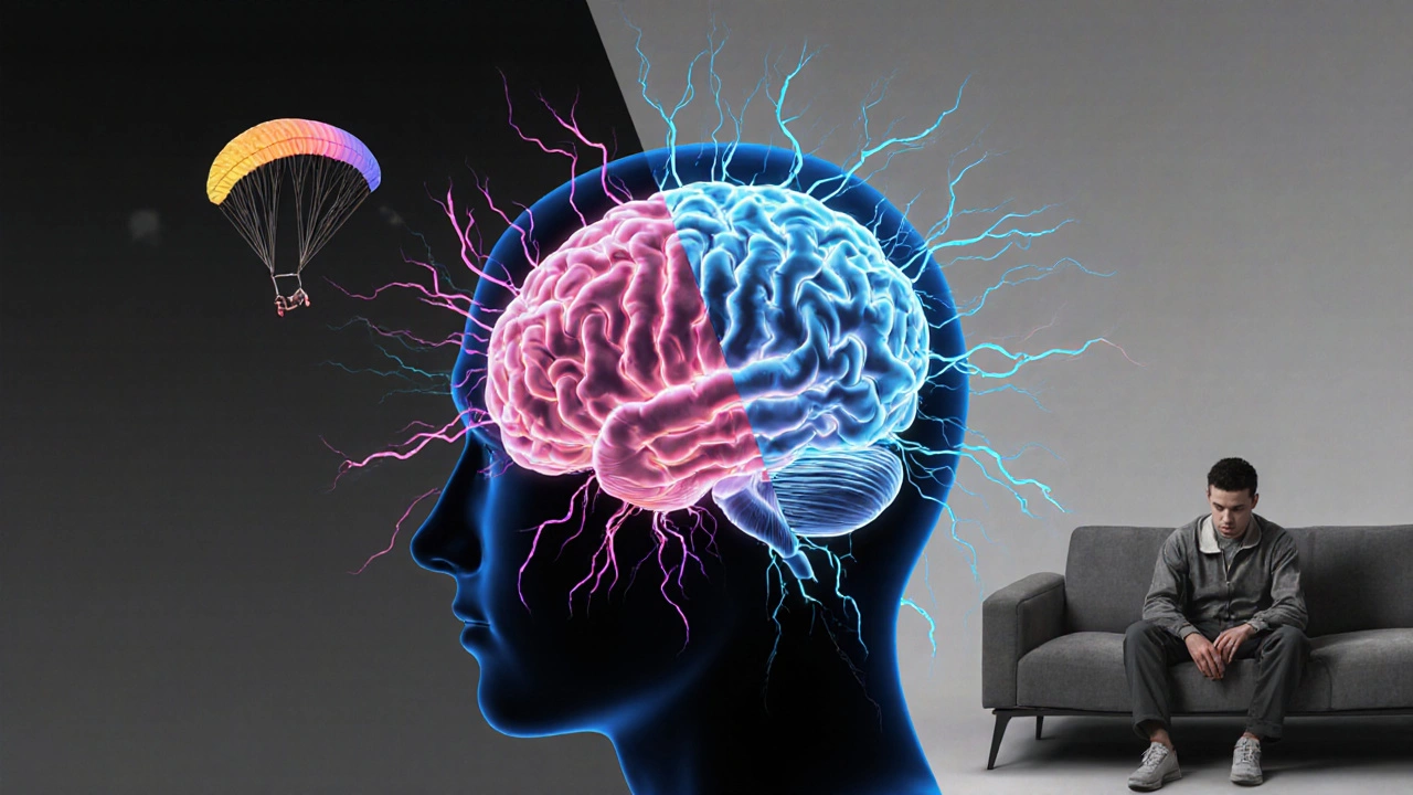 Головной мозг с яркими дофаминовыми путями, контрастирующий с тусклой повседневностью.