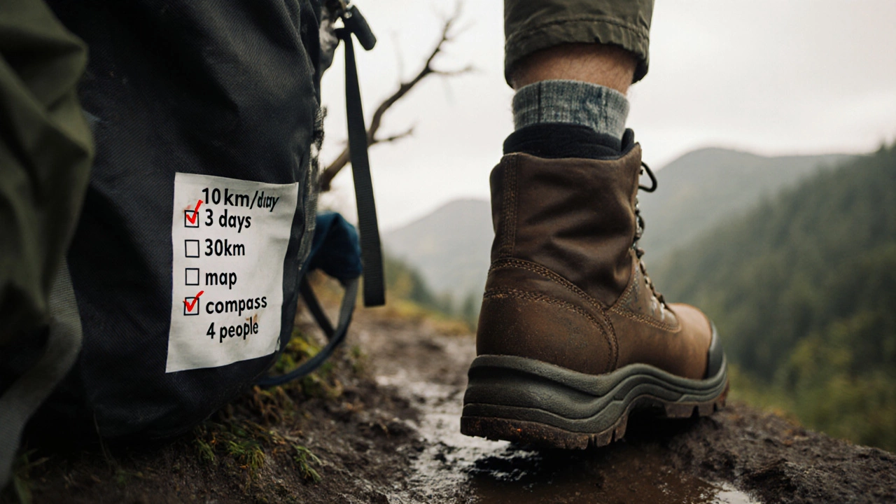Изношенный ботинок на грязной тропе, на внутренней стороне рюкзака — список нормативов похода.