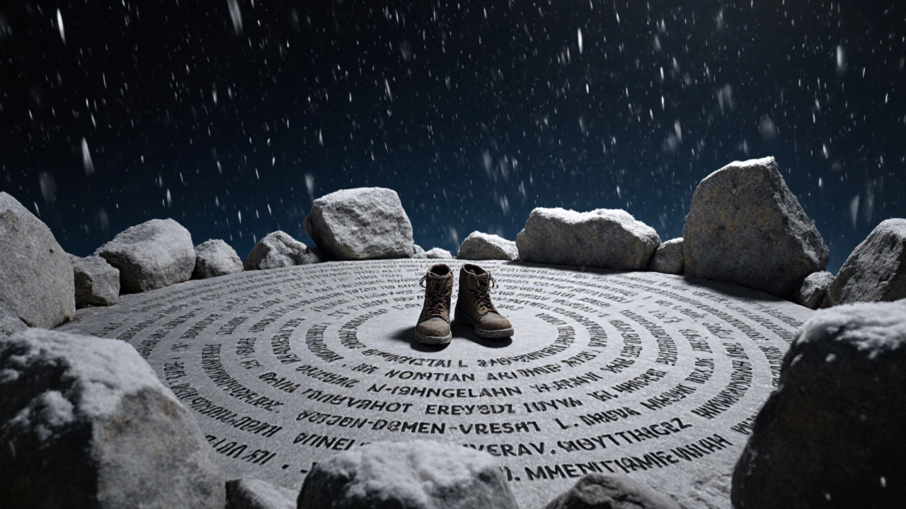 Каменный мемориал у базового лагеря Эвереста с именами погибших и ботинками на земле.
