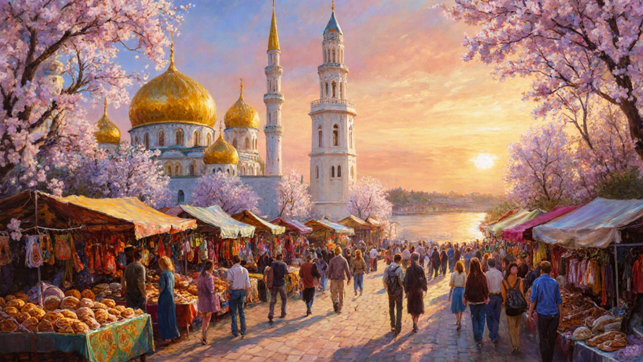 Казань: мечеть Кул-Шариф и собор Спаса рядом с оживлённым рынком.