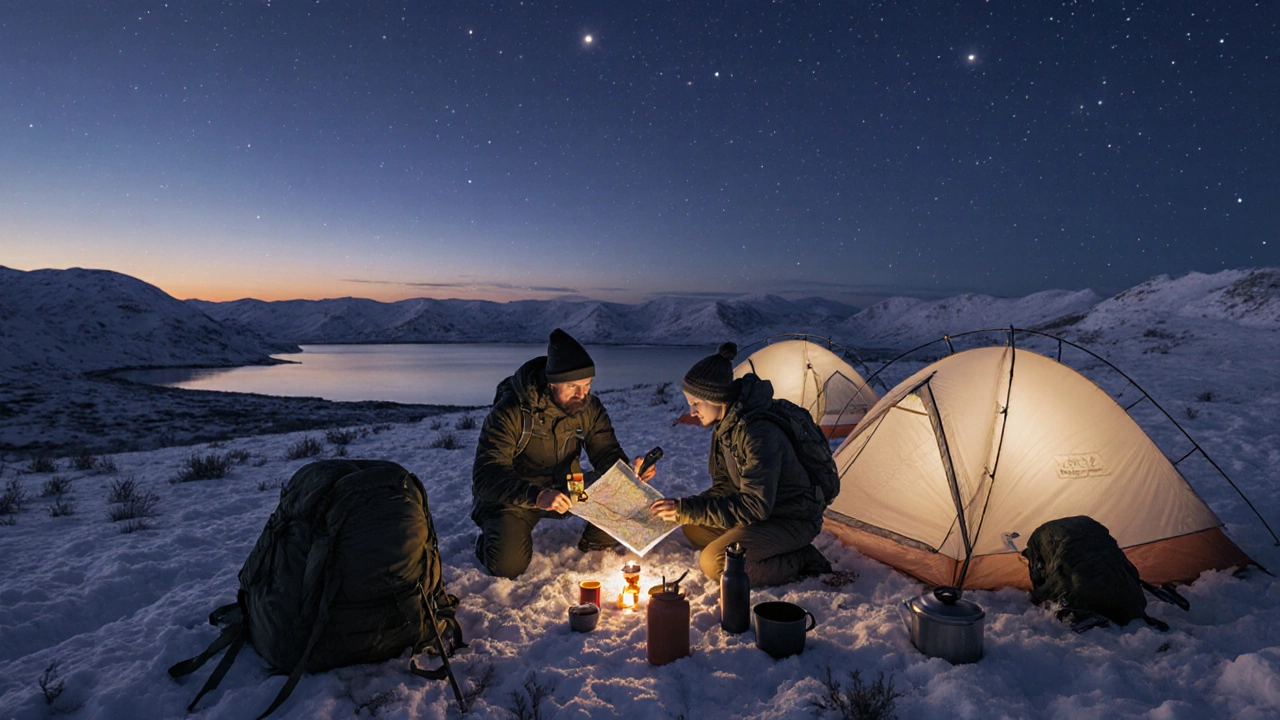 Лагерь у озера в Карелии: палатки, чай на плитке, карта и компас при свете заката.
