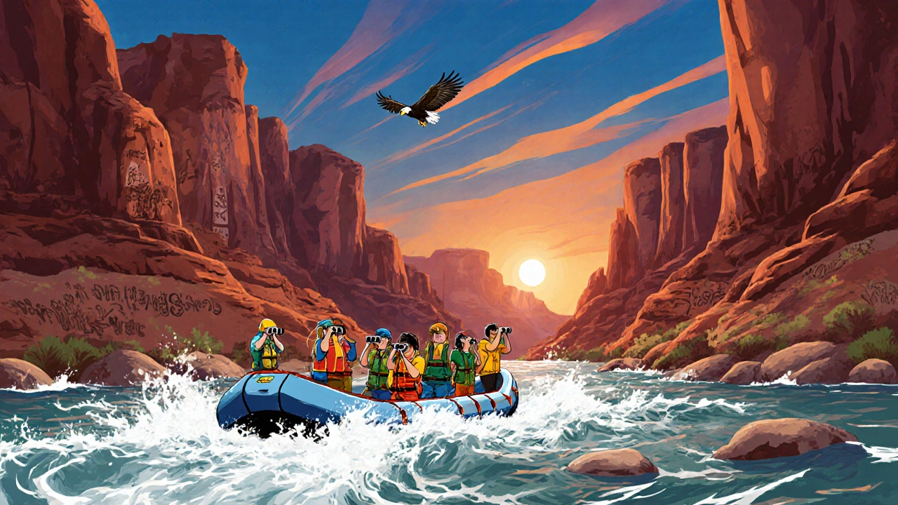 Маленький катамаран спускается по бурлящей реке Колорадо через Гранд-Каньон с древними наскальными рисунками на стенах.