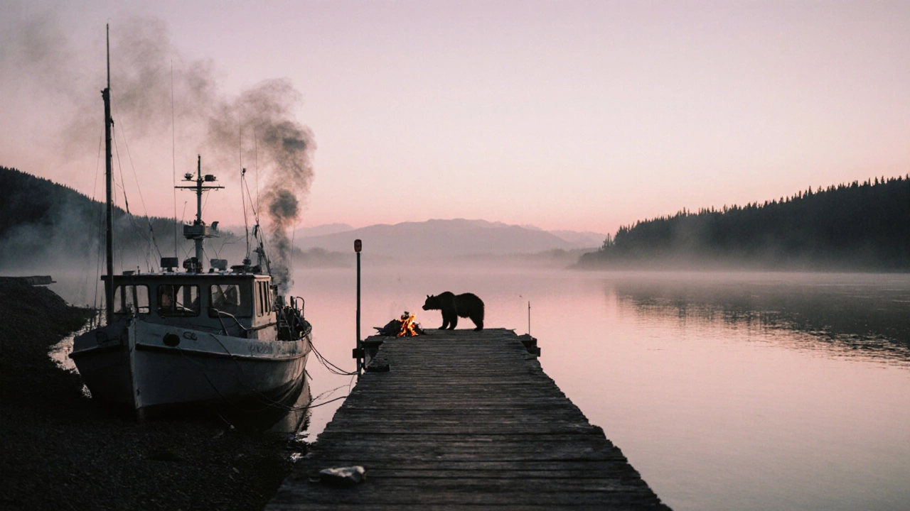 Одинокая пристань на реке Юкон на рассвете, у берега — костер и медведь, вокруг — дикая природа без следов цивилизации.