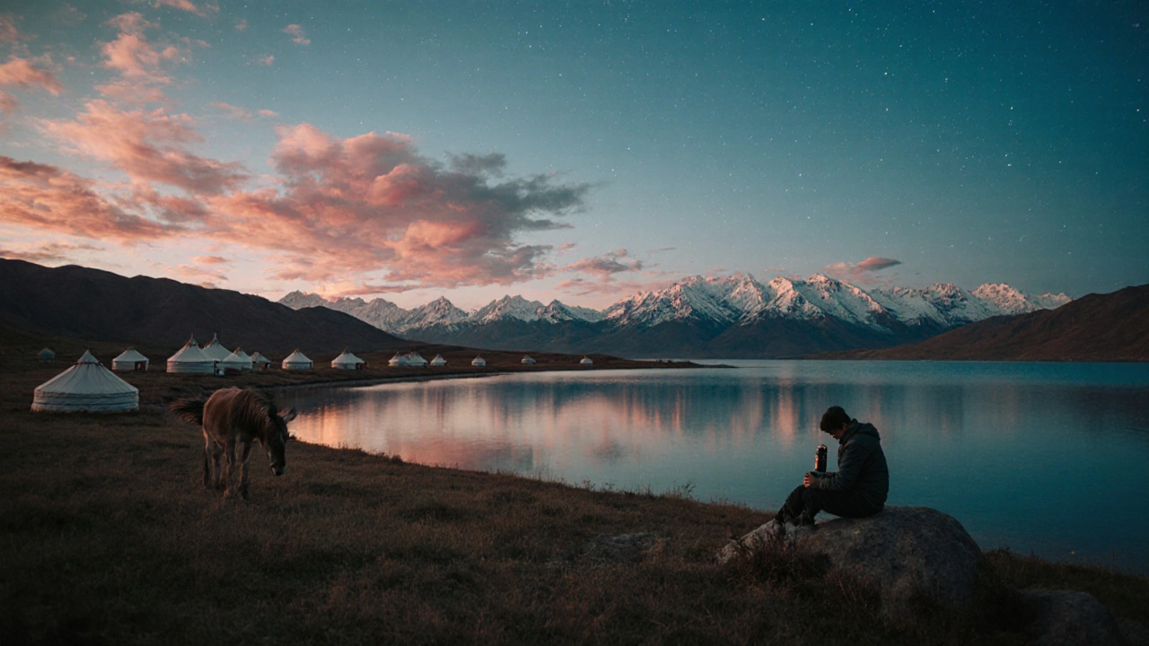 Озеро Иссык-Куль в Киргизии на закате с юртами и горами на фоне.