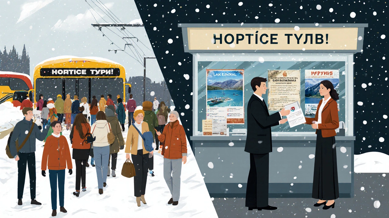 Пассажир получает туристический ваучер на железнодорожной станции в Сибири, где туры продают дешевле онлайн.