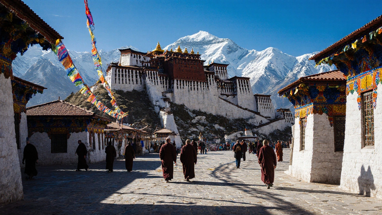 Потала в Лхасе, Тибет, с молитвенными флагами и снежными вершинами.