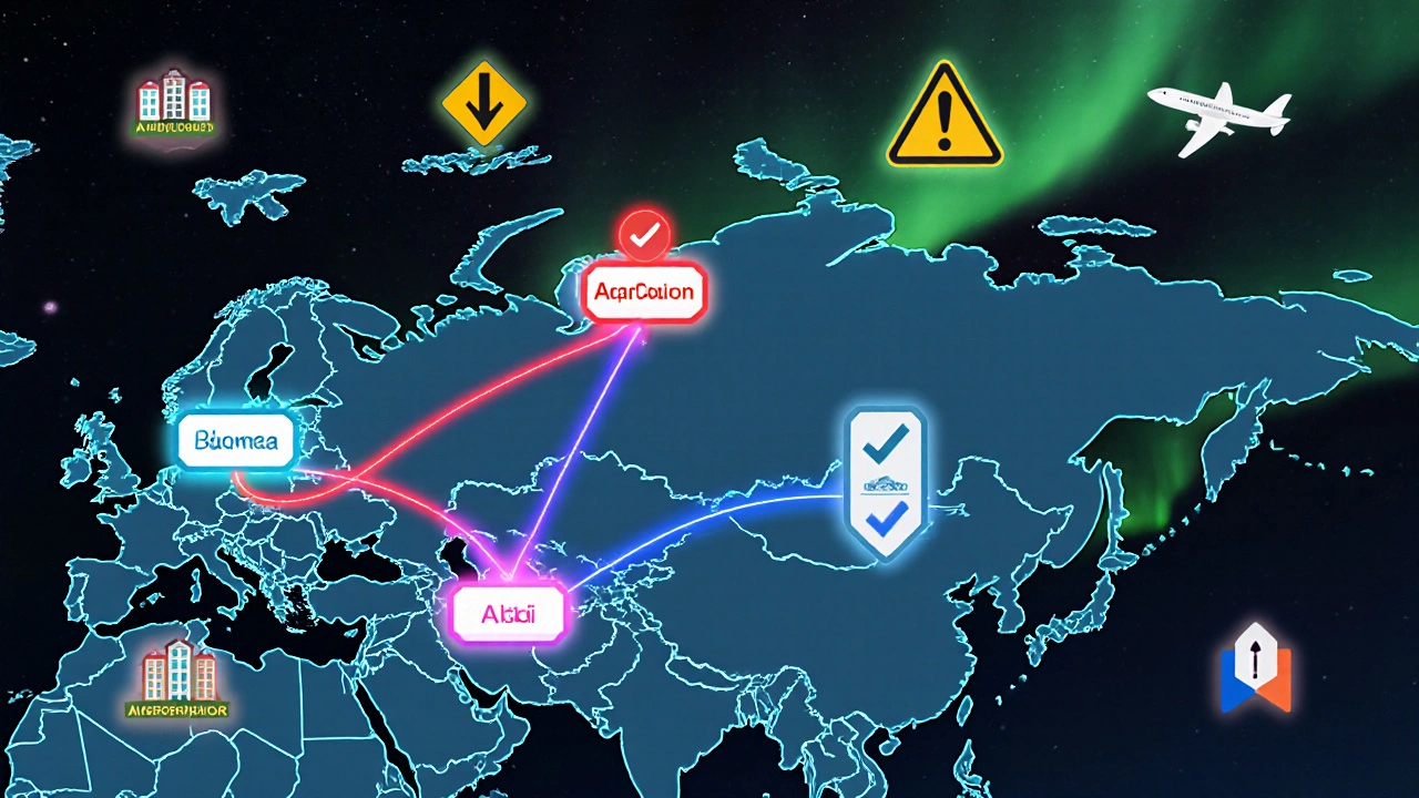 Прозрачная карта России с цветовыми путями, показывающими самые дешёвые и честные варианты туров.
