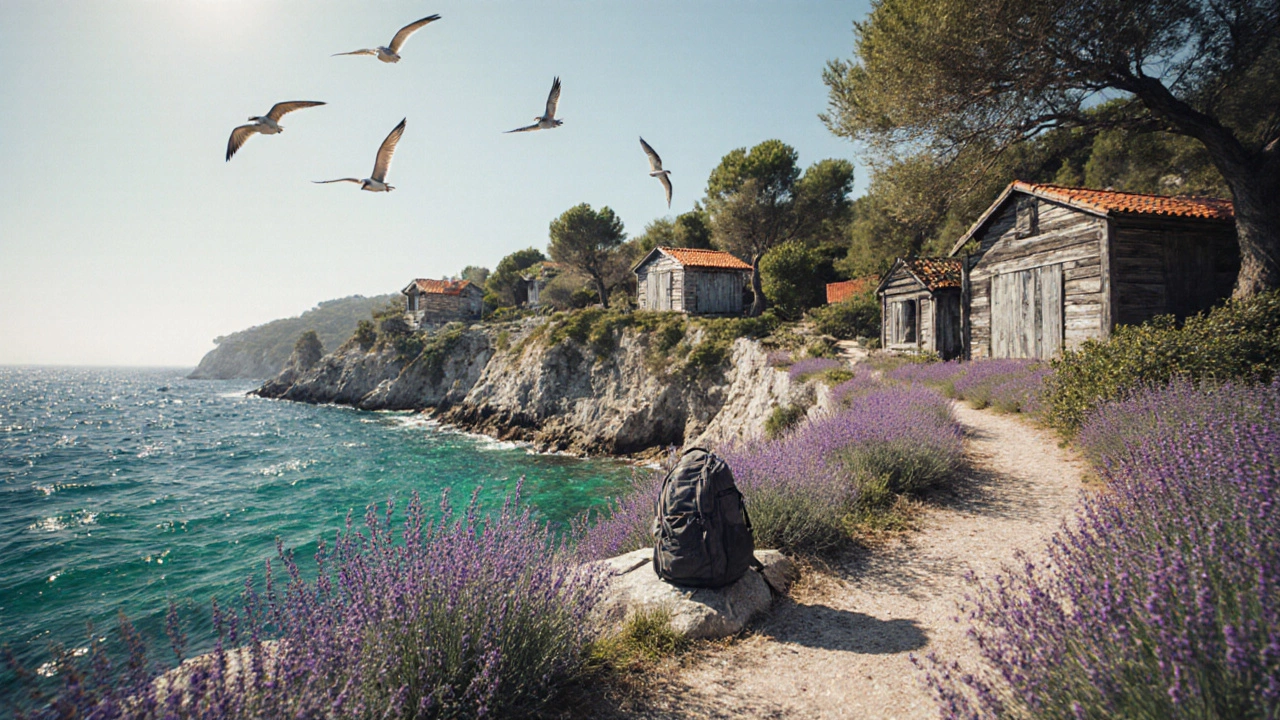 Пустой каменистый путь на острове Паклене, Хорватия, с деревянными домиками и зелёным морем.