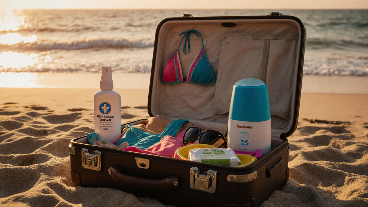 Раскрытый чемодан на пляже: купальник, солнцезащитный крем и средства от сухого воздуха — спрей, бальзам и увлажнитель.