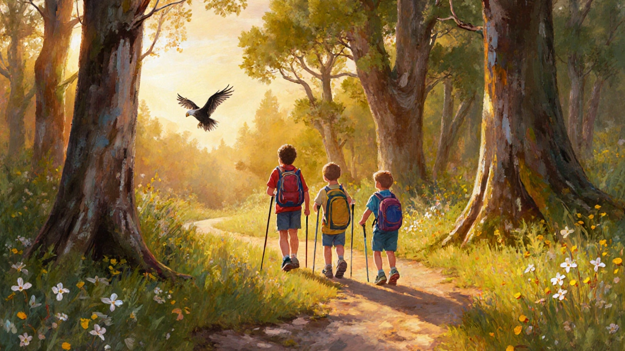 Семья гуляет по лесной тропе в Кавказском заповеднике, солнечные лучи пробиваются сквозь кроны деревьев.