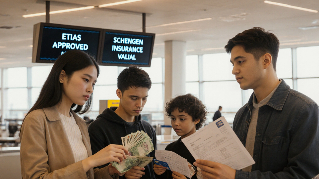 Семья показывает деньги, бронь отеля и обратный билет на стойке аэропорта.