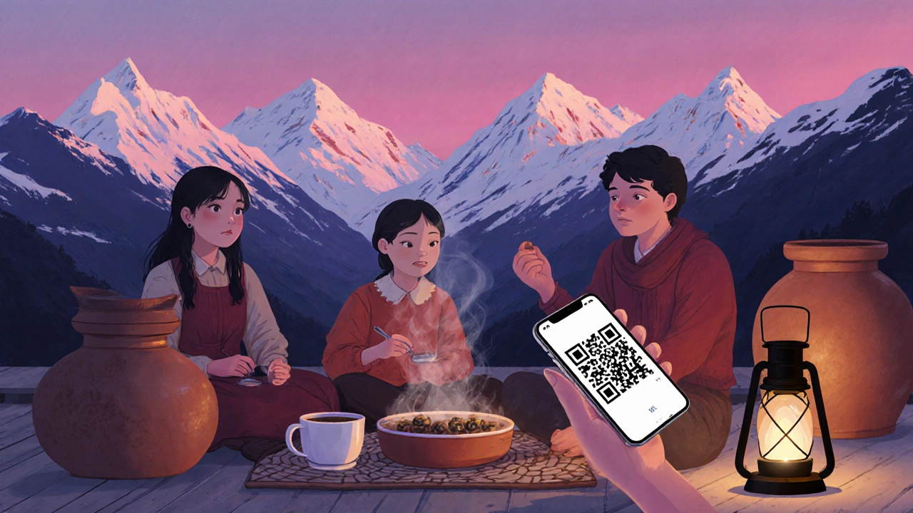 Семья в Сванетии, Грузия, ест хинкали на крыше с видом на снежные горы, на фоне глиняных кувшинов для вина.