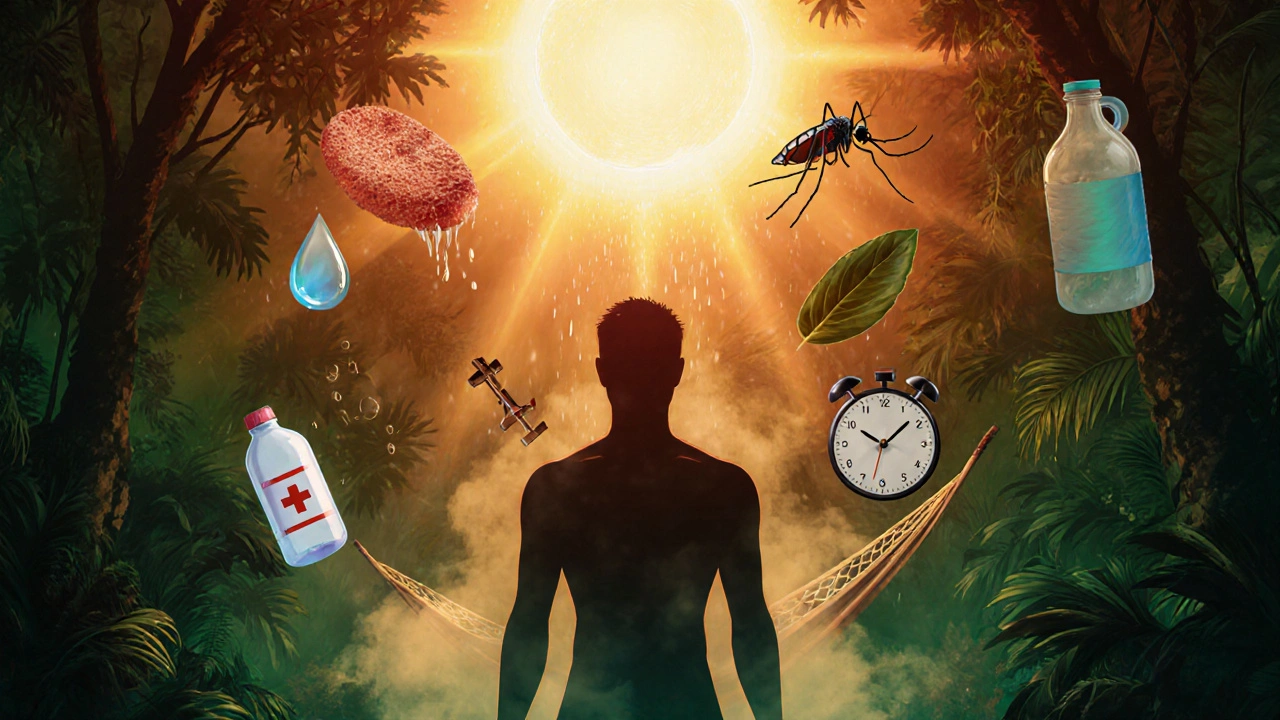 Силуэт человека под тропическим солнцем, окруженный символами жары, влажности и ритма жизни.