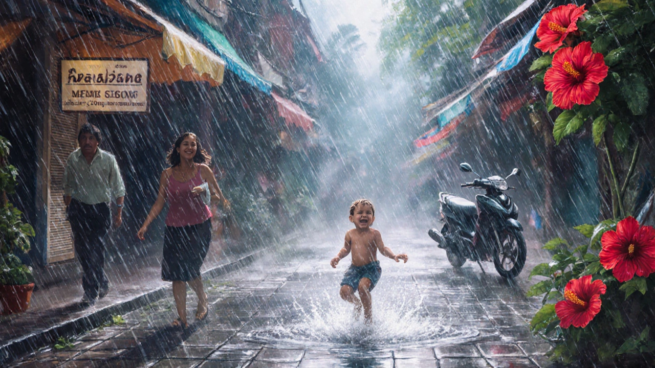 Внезапный тропический ливень: люди укрываются под навесами, вода бежит по улице.