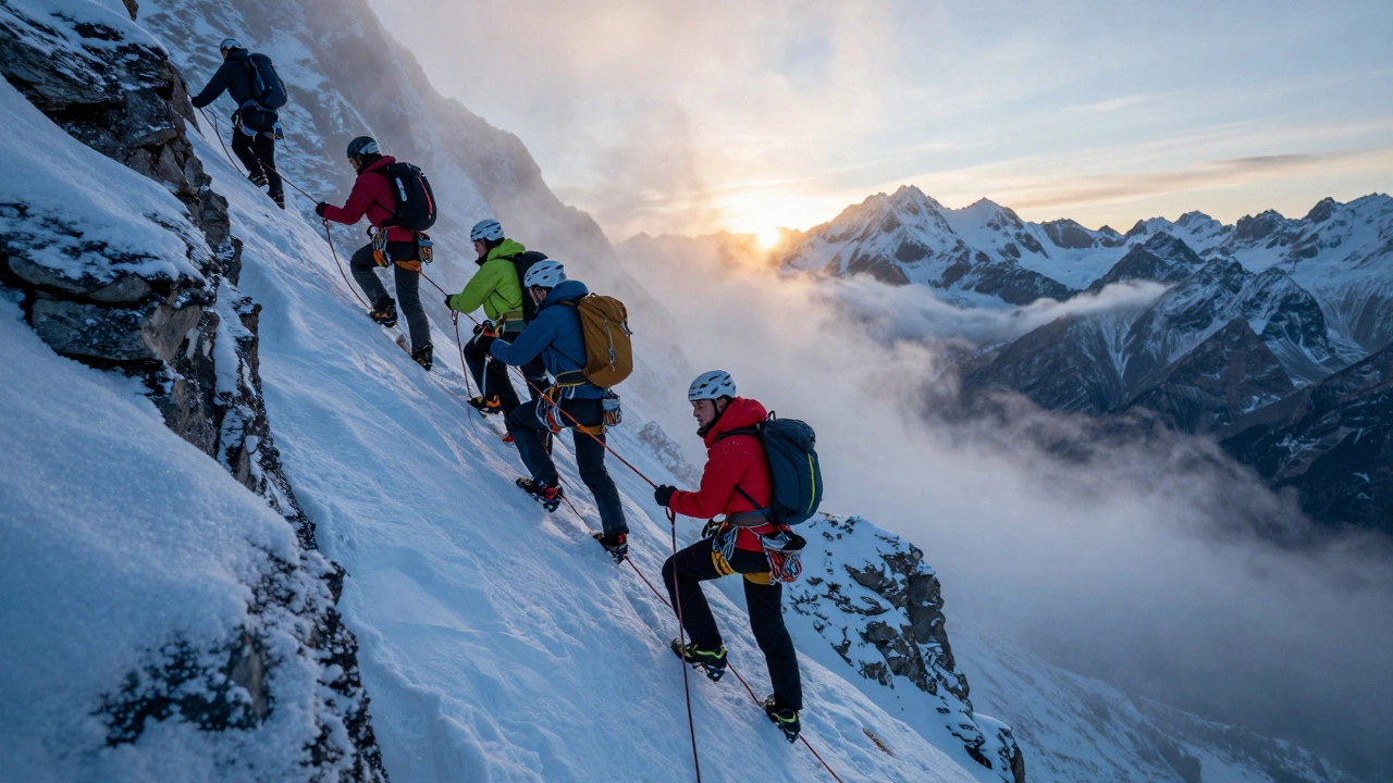 Альпинисты поднимаются по ледяному хребту в Алтае на рассвете.