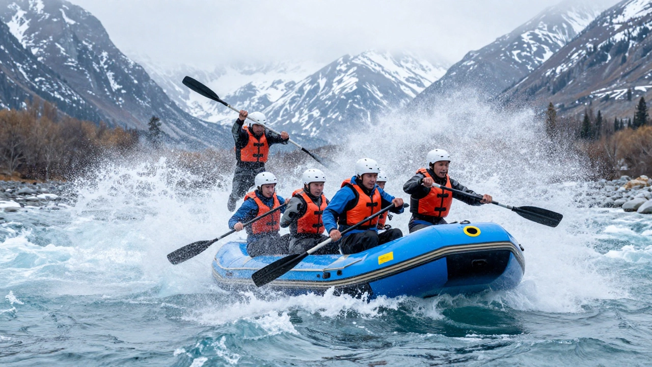 Байдарка в бурных порогах Алтая, вода бьёт через борт.
