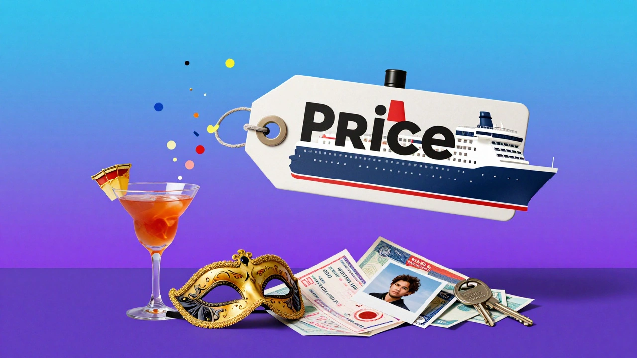 Цена круиза в виде корабля, окруженная расходами: маска, коктейль, виза, фото — все растворяется в конфетти.