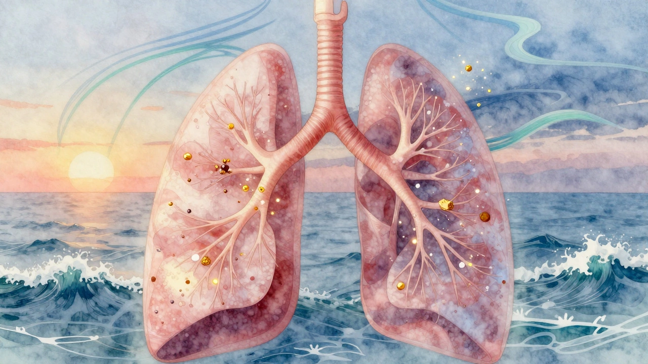 Иллюстрация легких с солевыми частицами, движущимися по бронхам, на фоне морского пейзажа.
