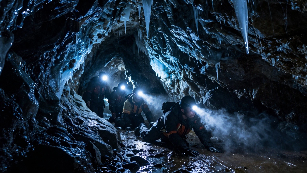 Исследователи в пещере Карелии с фонарями в ледяной темноте.