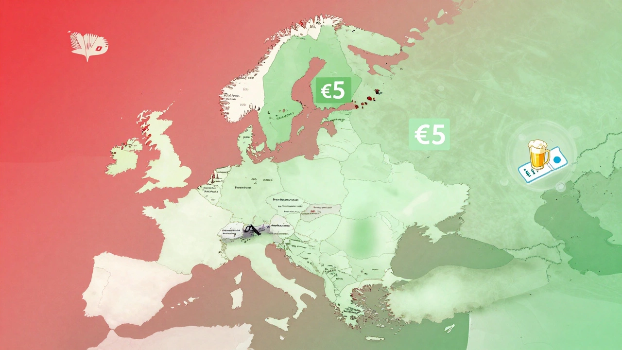 Карта Европы, где дешёвые регионы светятся тёплым светом, а дорогие — тускнеют.