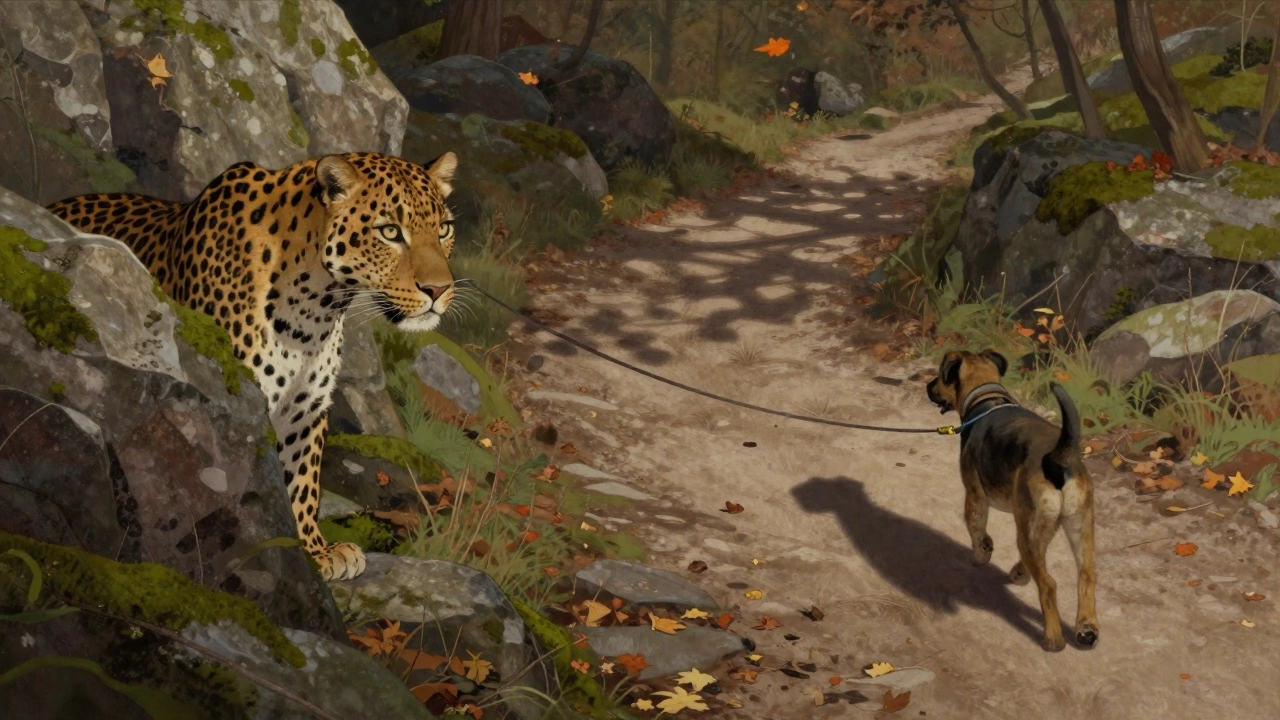 Кавказский леопард наблюдает за собакой на тропе в национальном парке.