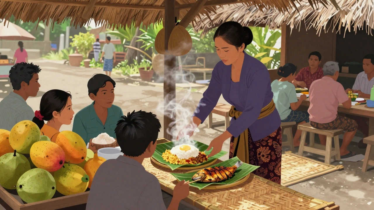 Местная женщина подаёт балийскую еду на листьях банана в уличной закусочной.