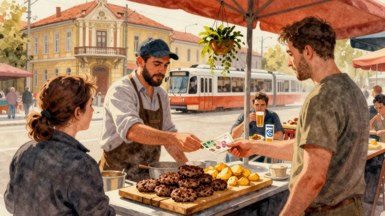 Местный рынок в Белграде, Сербия: мясная лепёшка, картофель и пиво за низкую цену.