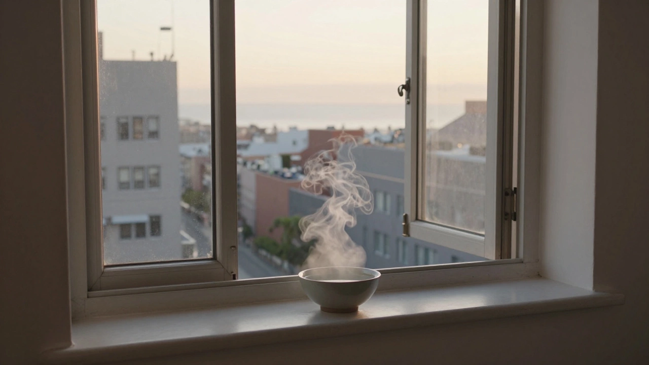 Окно в городе с миской морской соли, испаряющейся на рассвете, за окном — город и далёкое море.