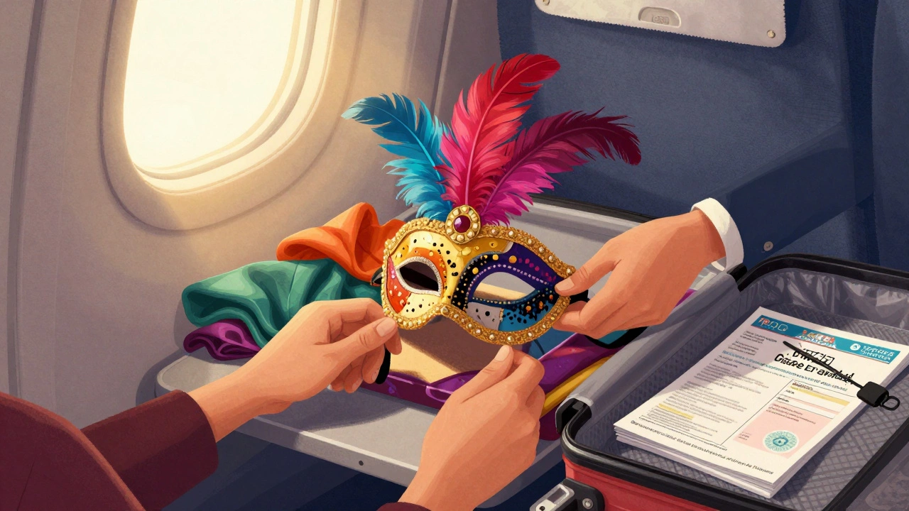 Пассажир распаковывает роскошную маску для карнавала в каюте, рядом — билеты и документы.