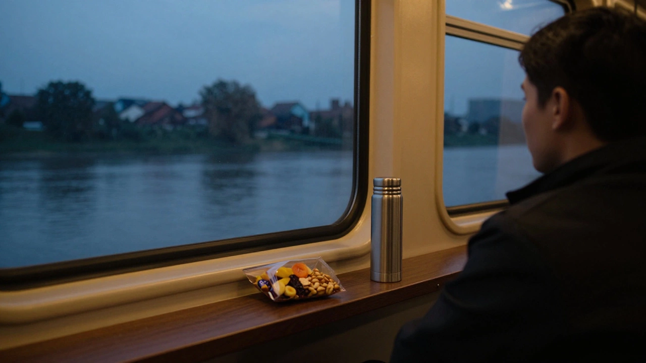 Пассажир в каюте пьёт чай из термоса и ест сухофрукты вечером.