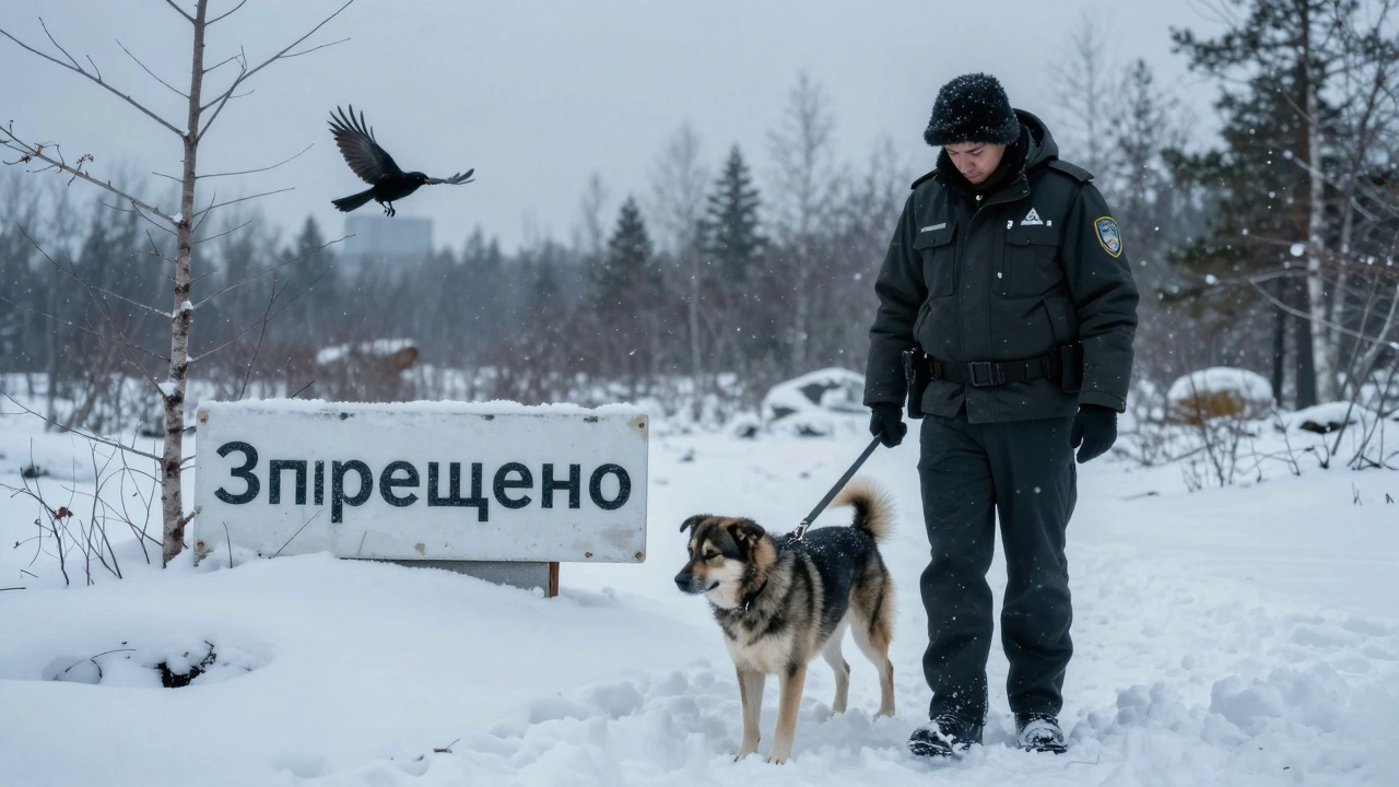 Работник заповедника забирает собаку у удручённого владельца в снежной тайге.