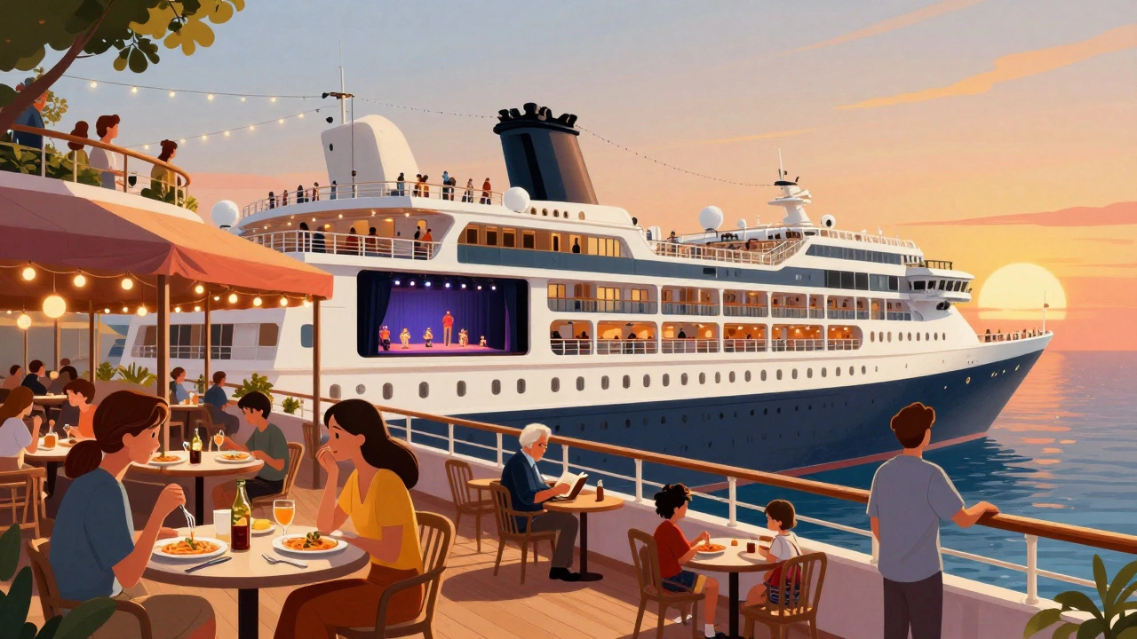 Разнообразные путешественники на круизном лайнере: едят, смотрят шоу, читают и любуются закатом.