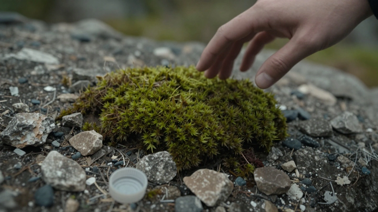 Редкий мох на скале с тенью руки над ним и пластиковой крышкой на земле — символ уязвимости природы.