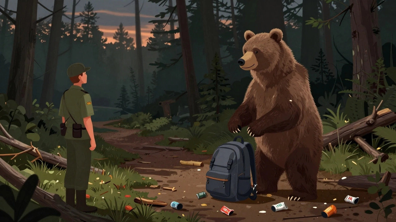 Рейнджер наблюдает, как турист пытается накормить медведя, вокруг разбросан мусор и еда.