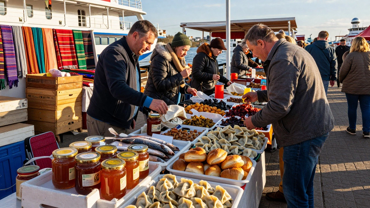 Рынок у пристани с местными продуктами: мёд, пирожки, рыба и хлеб.