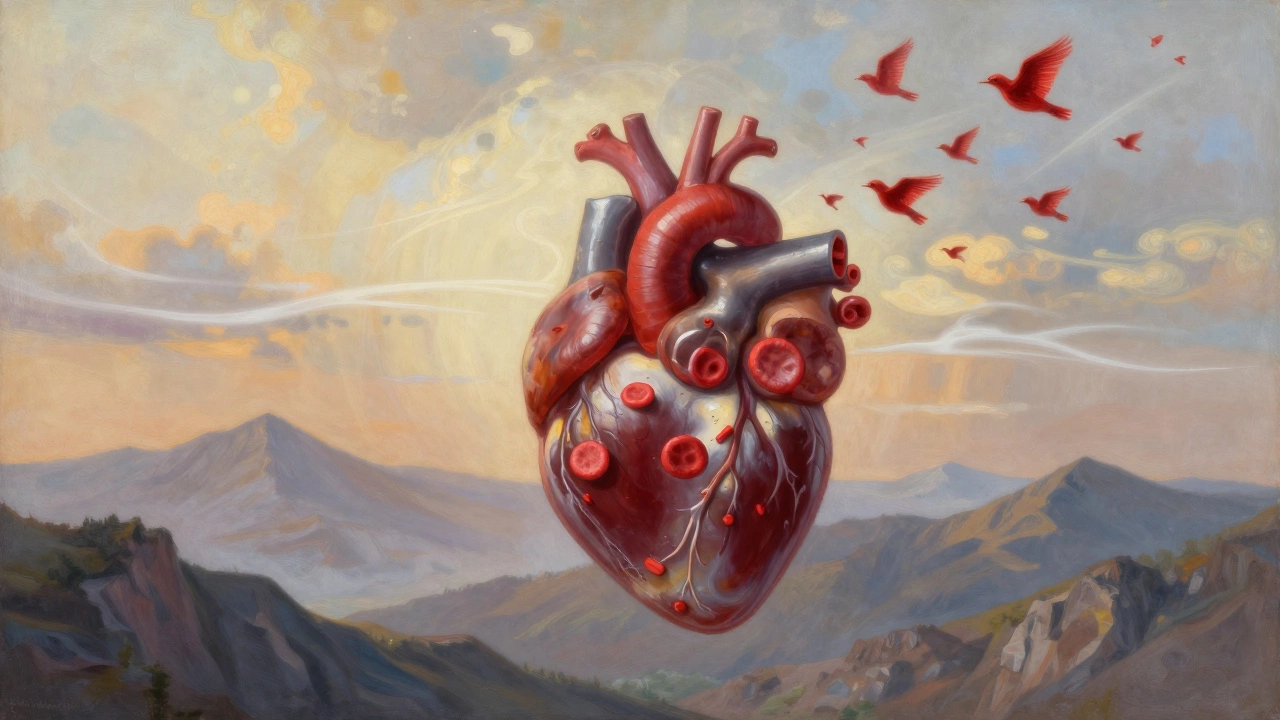 Сердце над горами, эритроциты как птицы летят к небу, символизируя оздоровление.