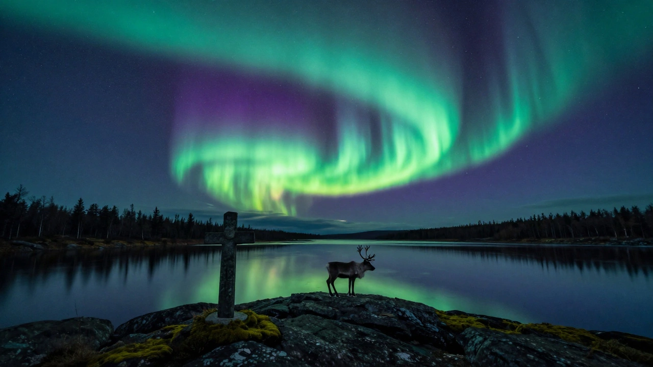 Северное сияние над Кольским полуостровом: зелёные и фиолетовые ленты отражаются в озере, олень на скале.