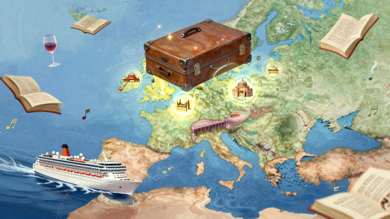 Сумка над картой Европы, из которой вырываются города — символ круиза как свободного путешествия.