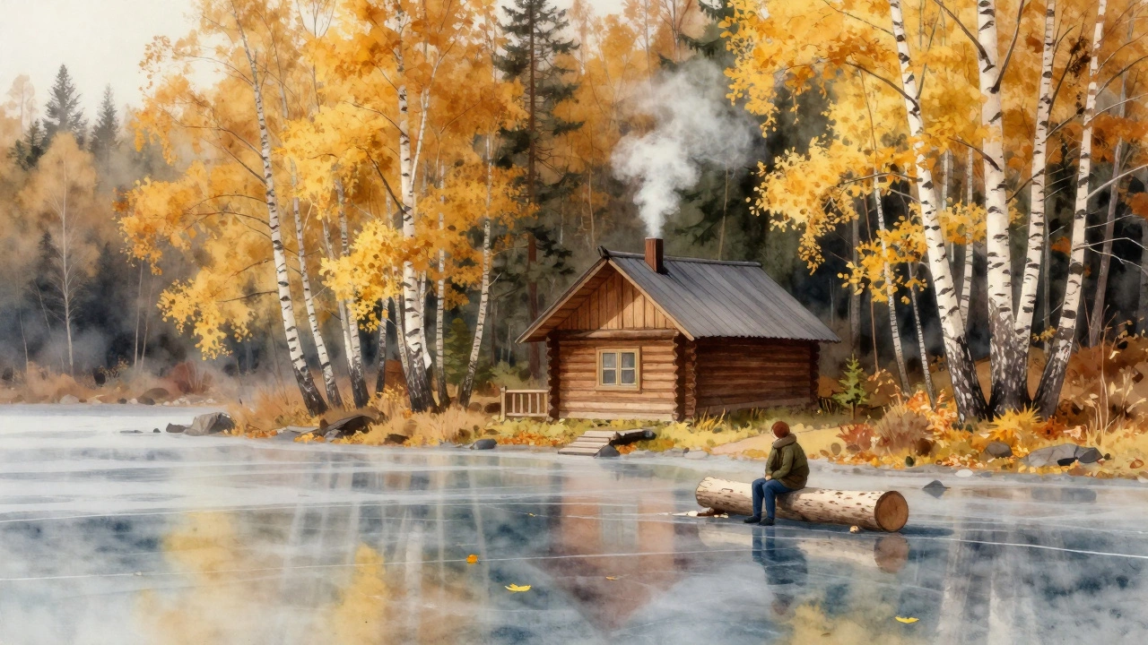 Уединённая изба у замерзшего Байкала в осеннем лесу.