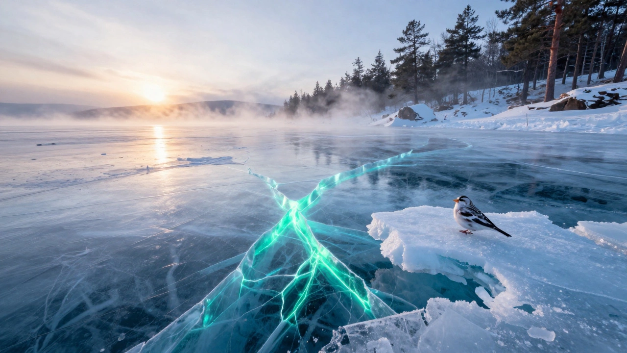 Зимний Байкал: прозрачный лёд с неоновыми синими трещинами, птица на льдине, таёжные деревья на фоне.